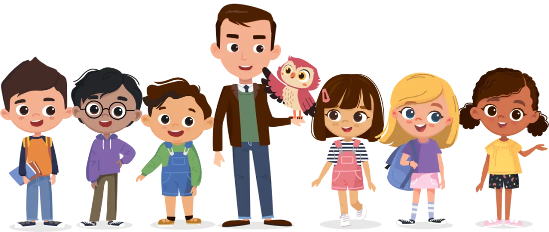 Adam, Rohit, Carlos, Professor William with Sky the owl on his arm, Alysa, Olivia and Zuri standing side by side.