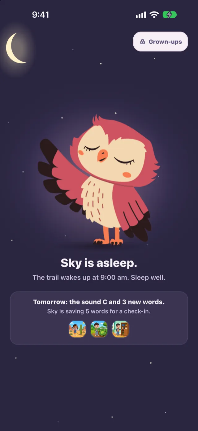 Sky the owl asleep: the trail is done and the day has ended.