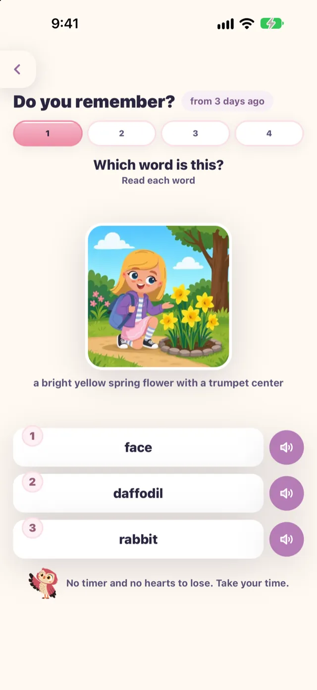 Do you remember? from 3 days ago. Which word is this? A picture of a child kneeling by yellow flowers.