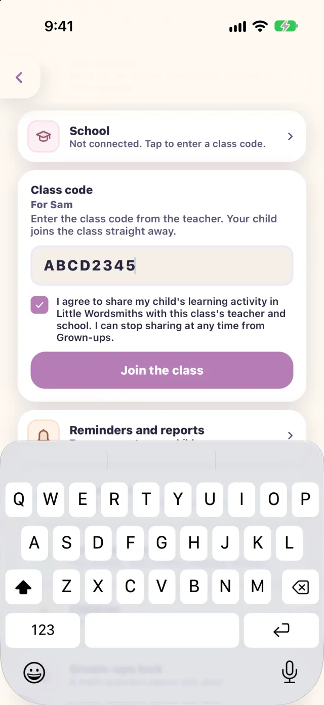 The class code screen in the app: a made-up code, the agreement to share a child's learning activity with the class, and a Join the class button.