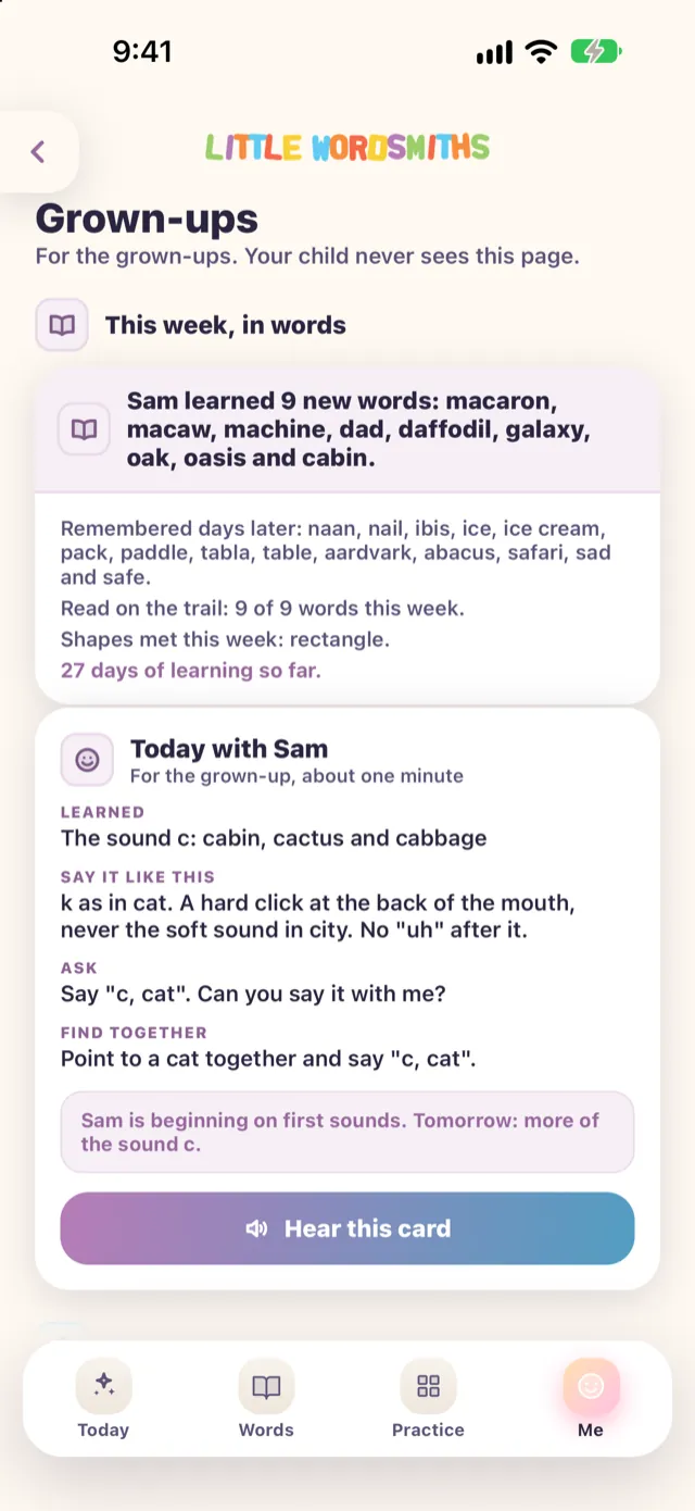 The Grown-ups page. This week, in words: a note that Sam learned 9 new words, with today&rsquo;s sound and a tip for practising it at home.