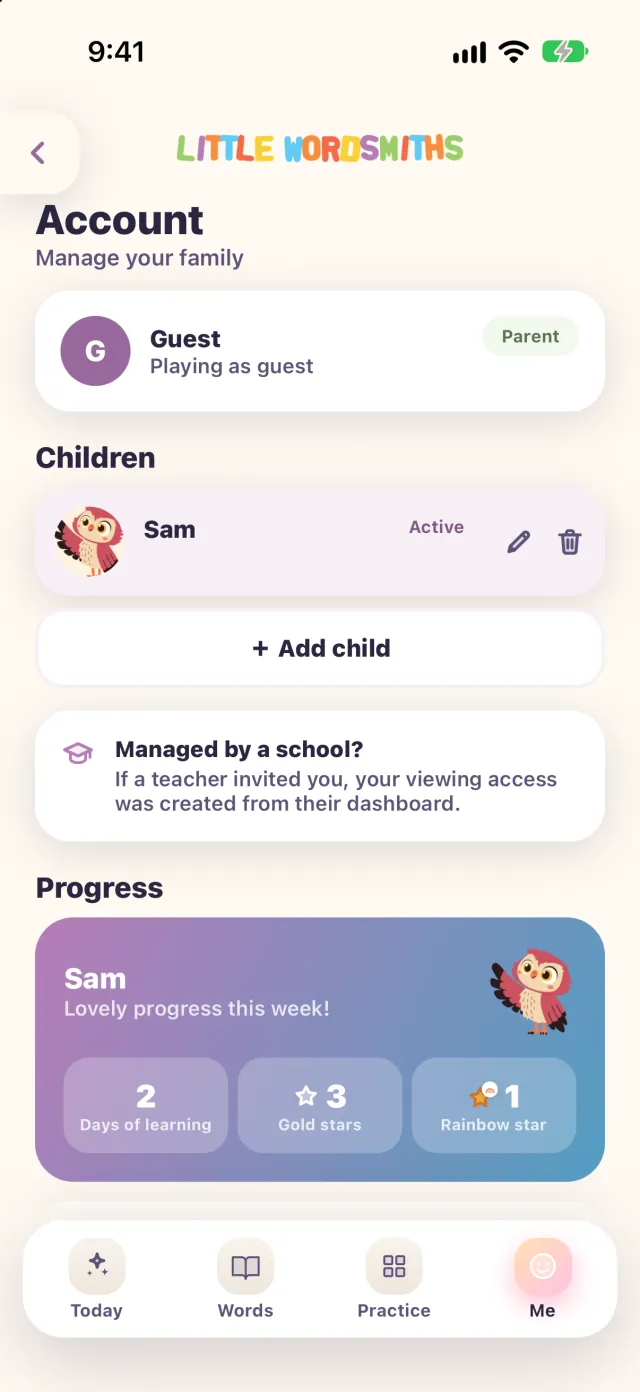 The Account page: Guest, playing as guest, with the child Sam listed under Children.