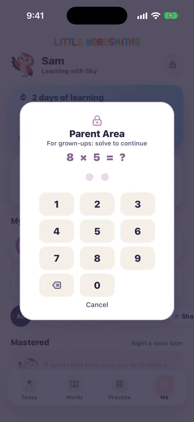 The Parent Area door: For grown-ups, solve to continue, with a times-table question and a number pad.