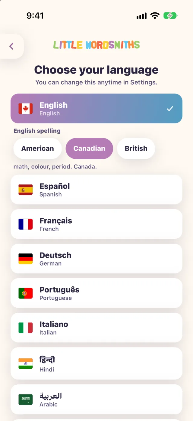 Choose your language: English selected, with the English spelling choices.