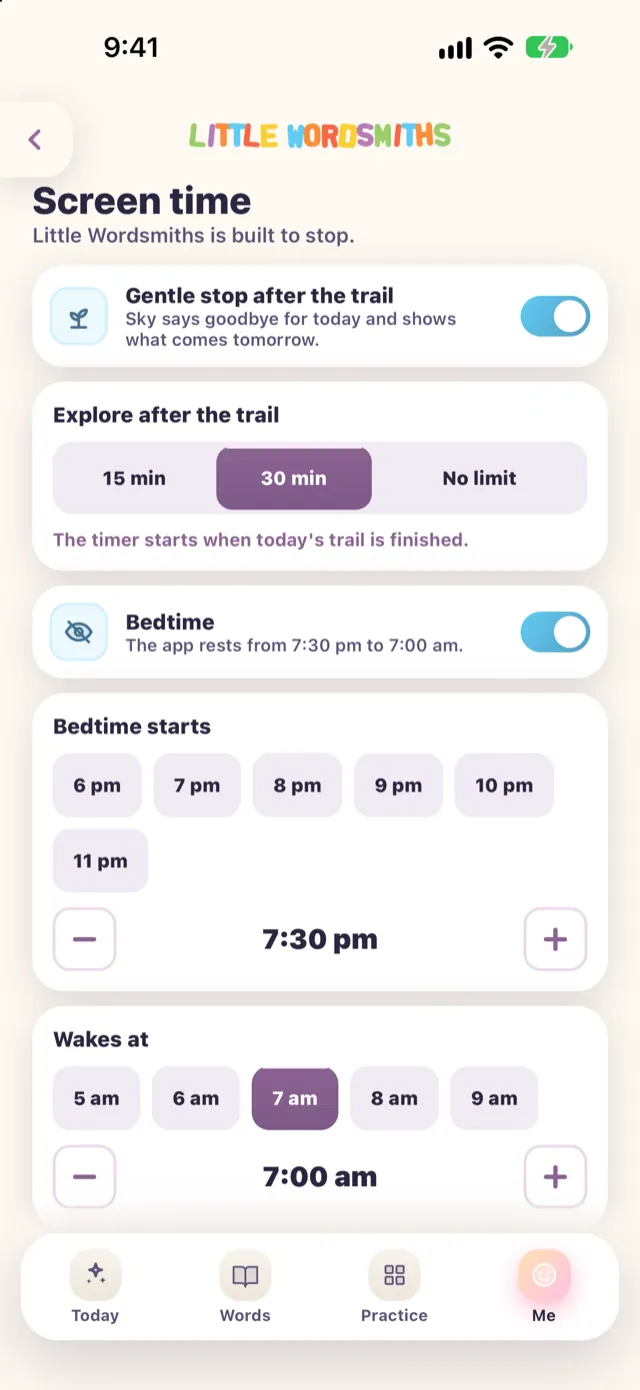 Screen time: a gentle stop after the trail, explore time of 15 or 30 minutes or no limit, and a bedtime.