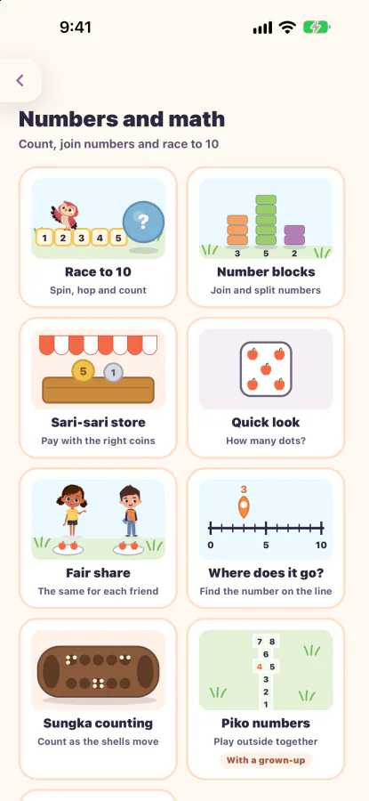 The numbers and maths room in Practice, a picture card for each game